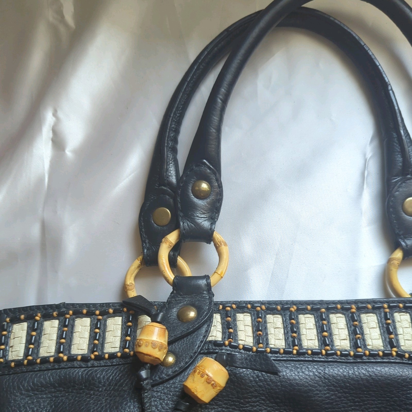 Isabella Fiore Large Black Beaded& Woven Leather Clutch Handbag