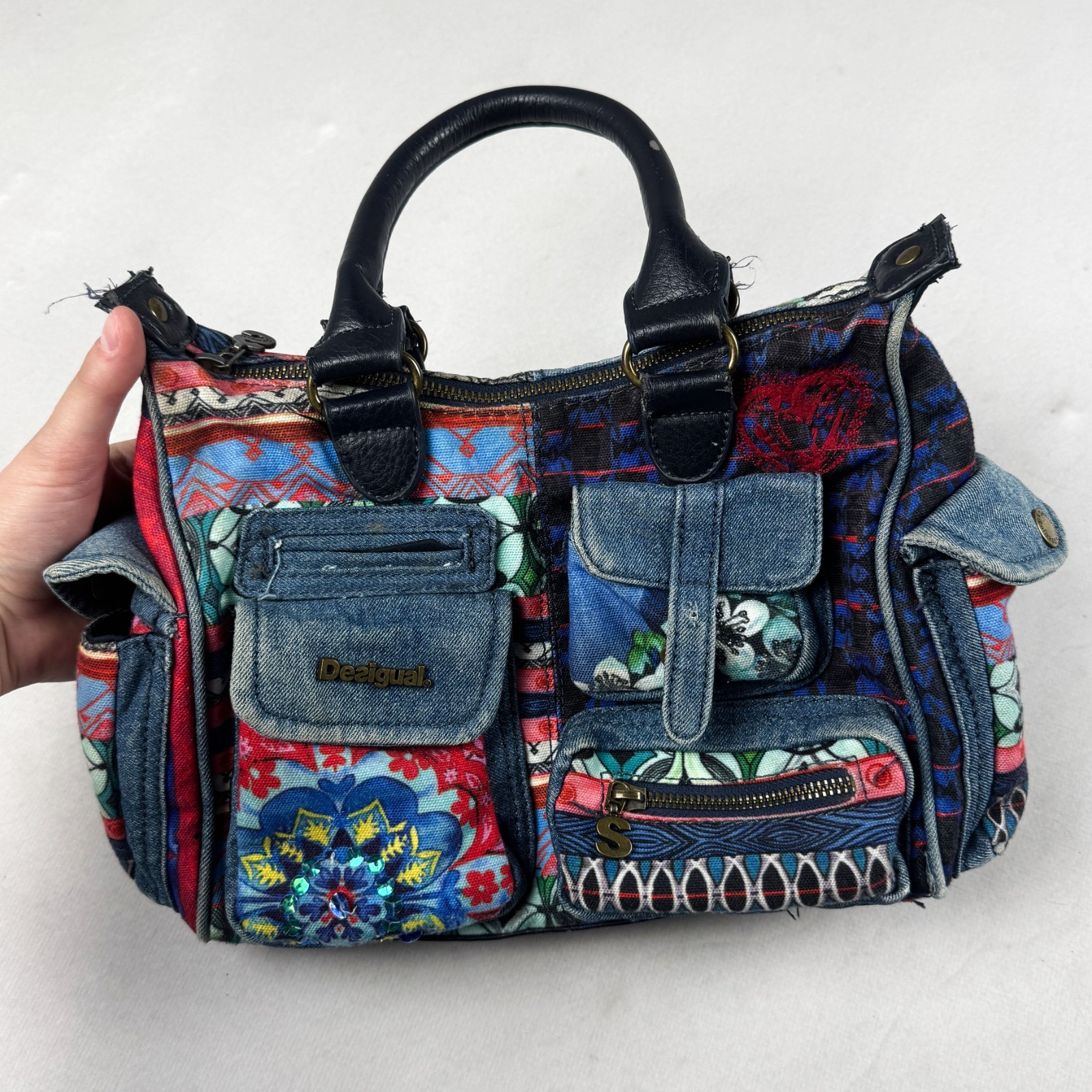VTG Desigual Y2K Patchwork Denim Floral Multi Pocket Handbag Colorful Boho Bag
