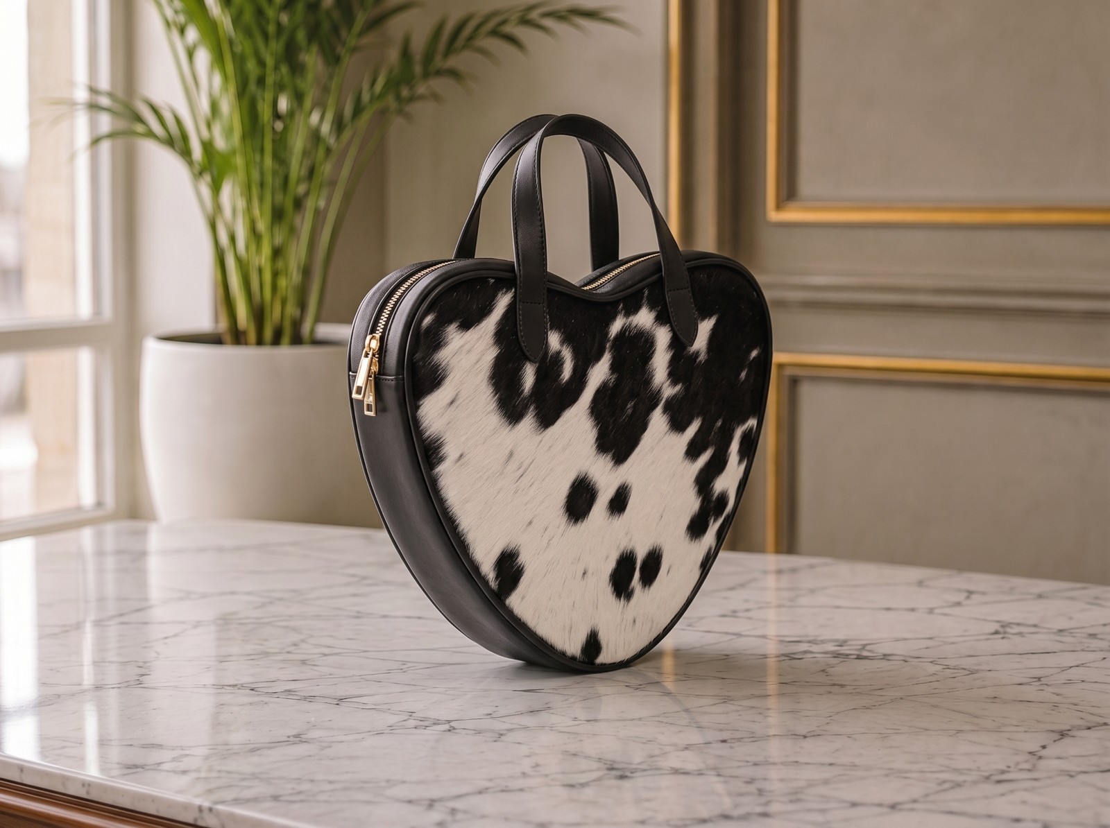 Heart Shaped Cow Print Handbag Black White Leather Top Handle Women New