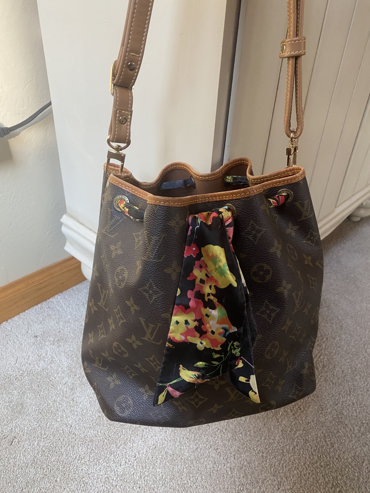 Vintage Louis Vuitton Petit Noe Bucket Bag Brown Canvas Leather Monogram Samorga