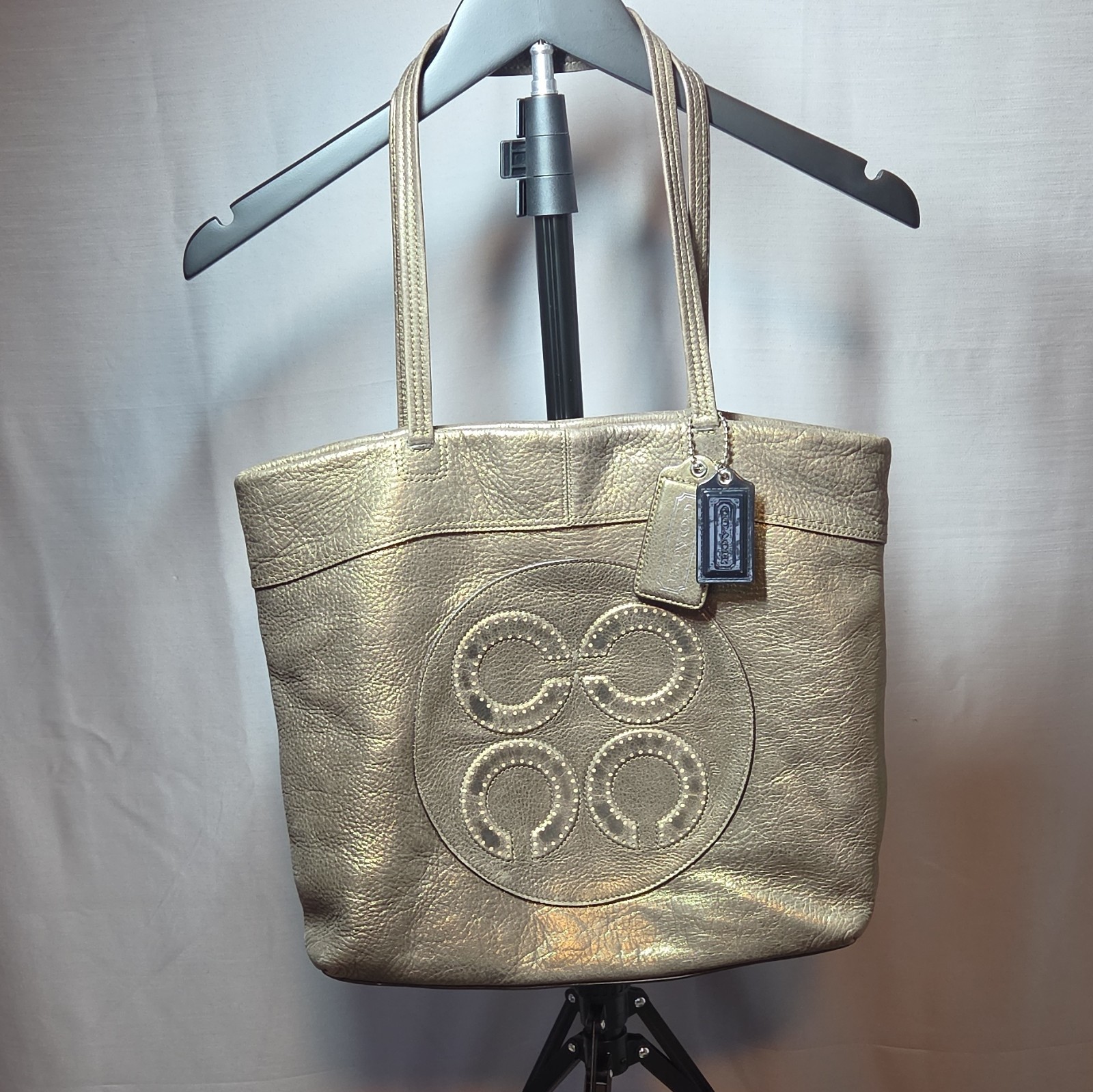 Coach Metallic Gold Logo Tote Bag Open Top, Lined, Inner Pockets, Hang Tag