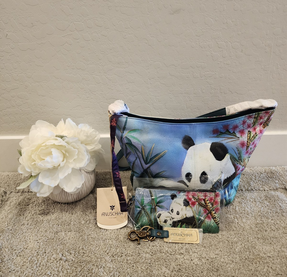 Anushka Hand Painted Organizer Crossbody Purse Panda Mom & Panda Baby