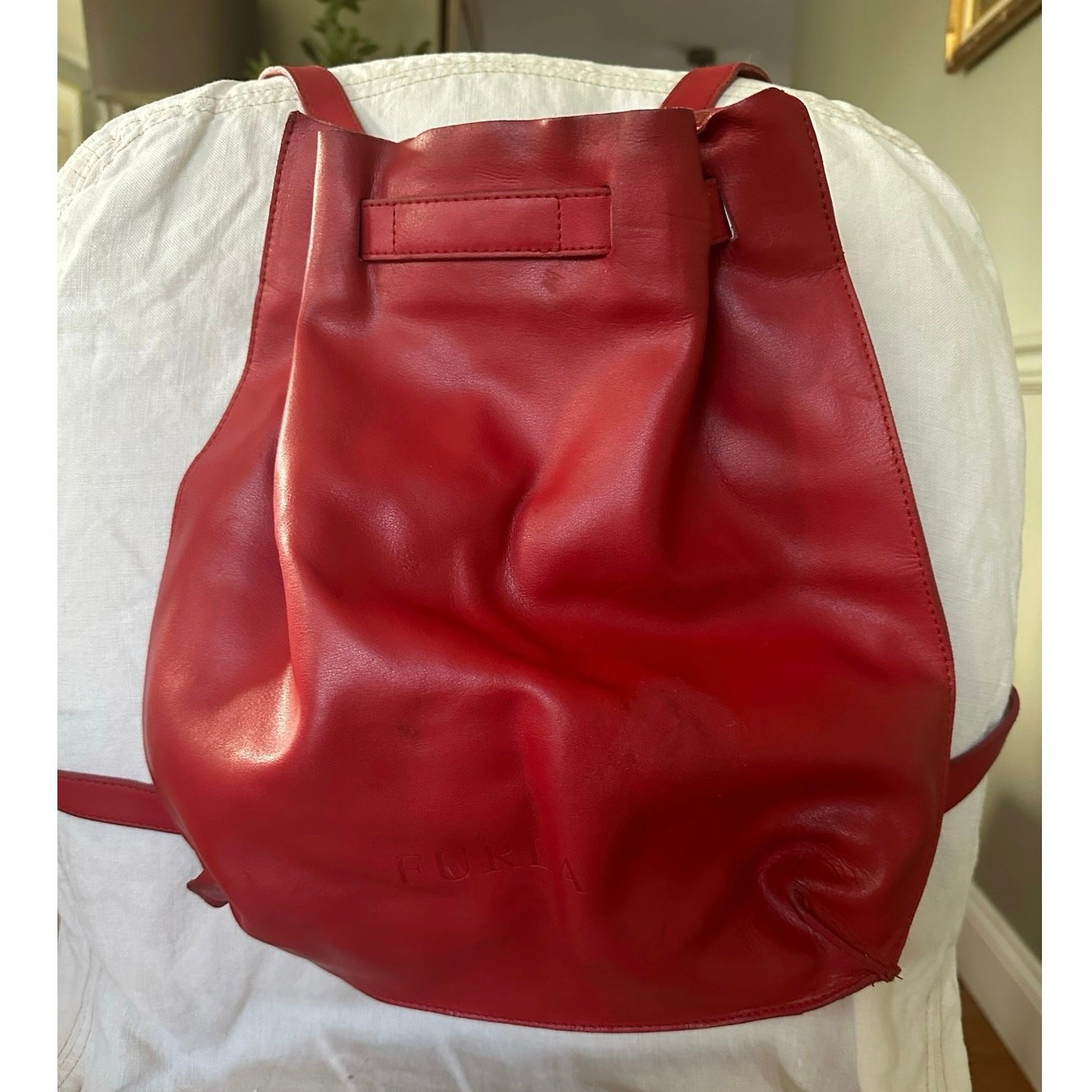 Vintage Furla Red Leather Backpack Italy minimalist drawstring 13×12” bag