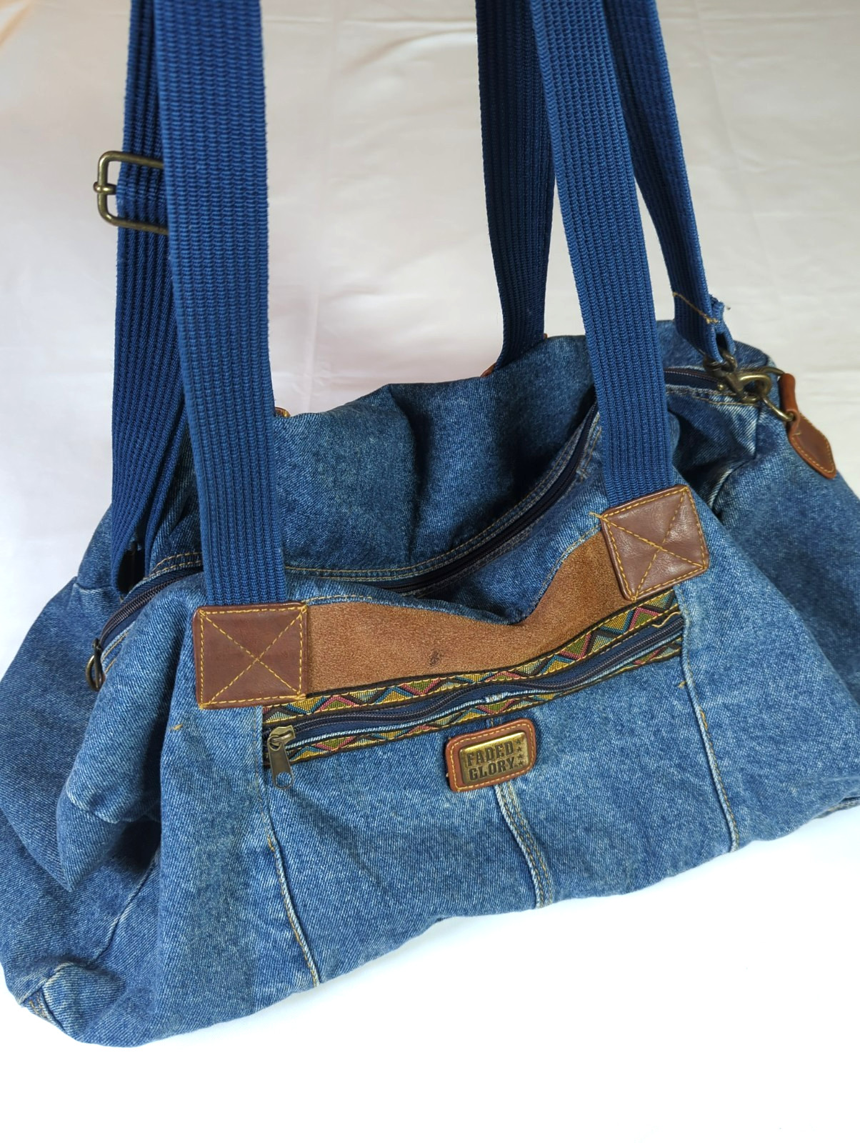 Vtg Denim Weekender Tote Bag Double Handle & Shoulder Strap Timeless Versatile