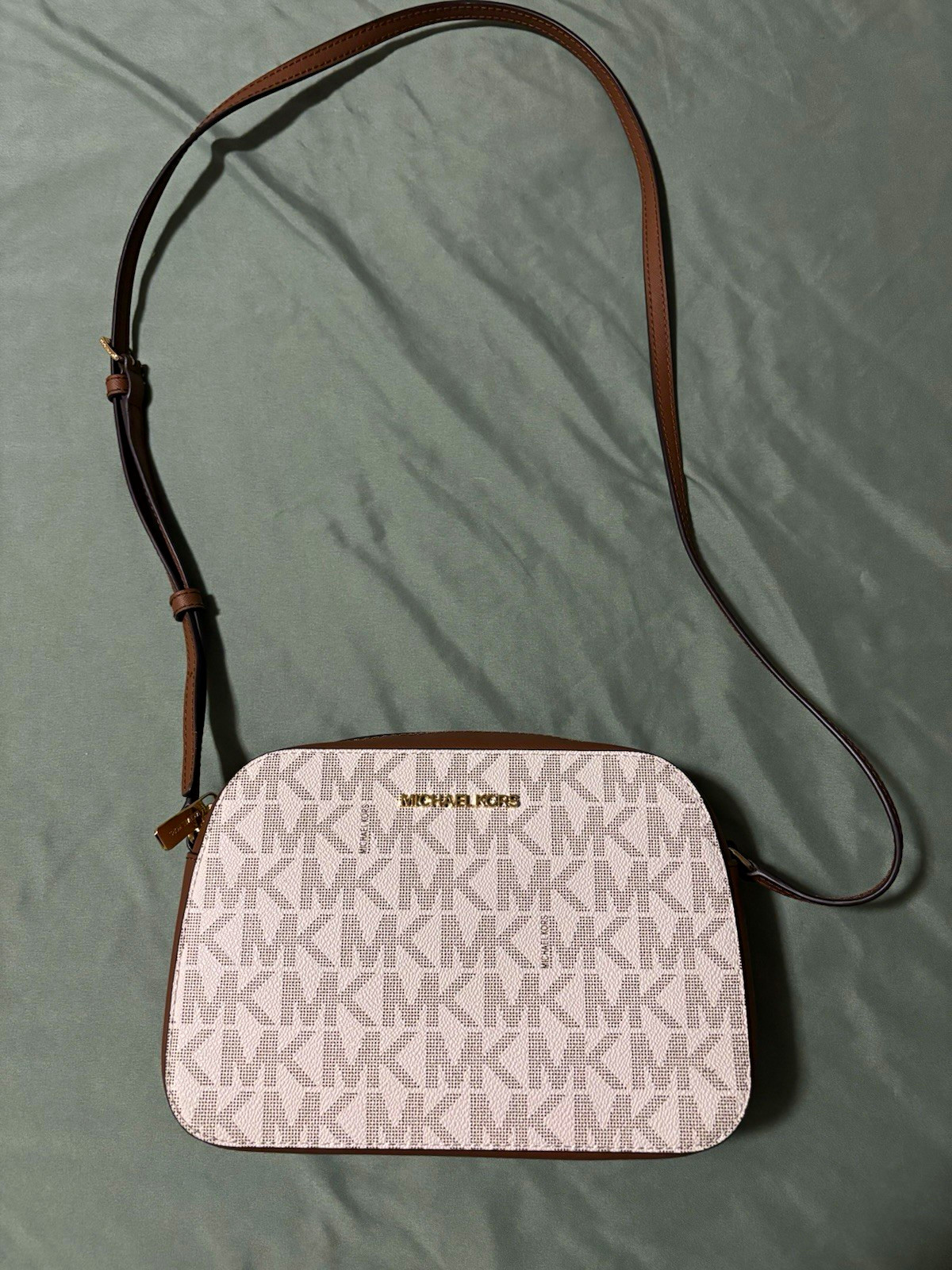 Michael Kors Jet Set Small Logo Zip Crossbody Bag Beige/Brown Gold Hardware
