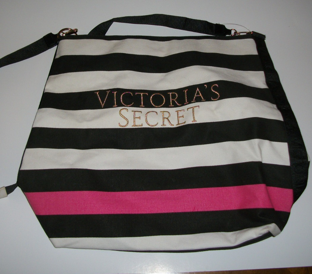 Victoria’s Secret Love Victoria Large Canvas Striped Tote Bag Beach 15″ NEW