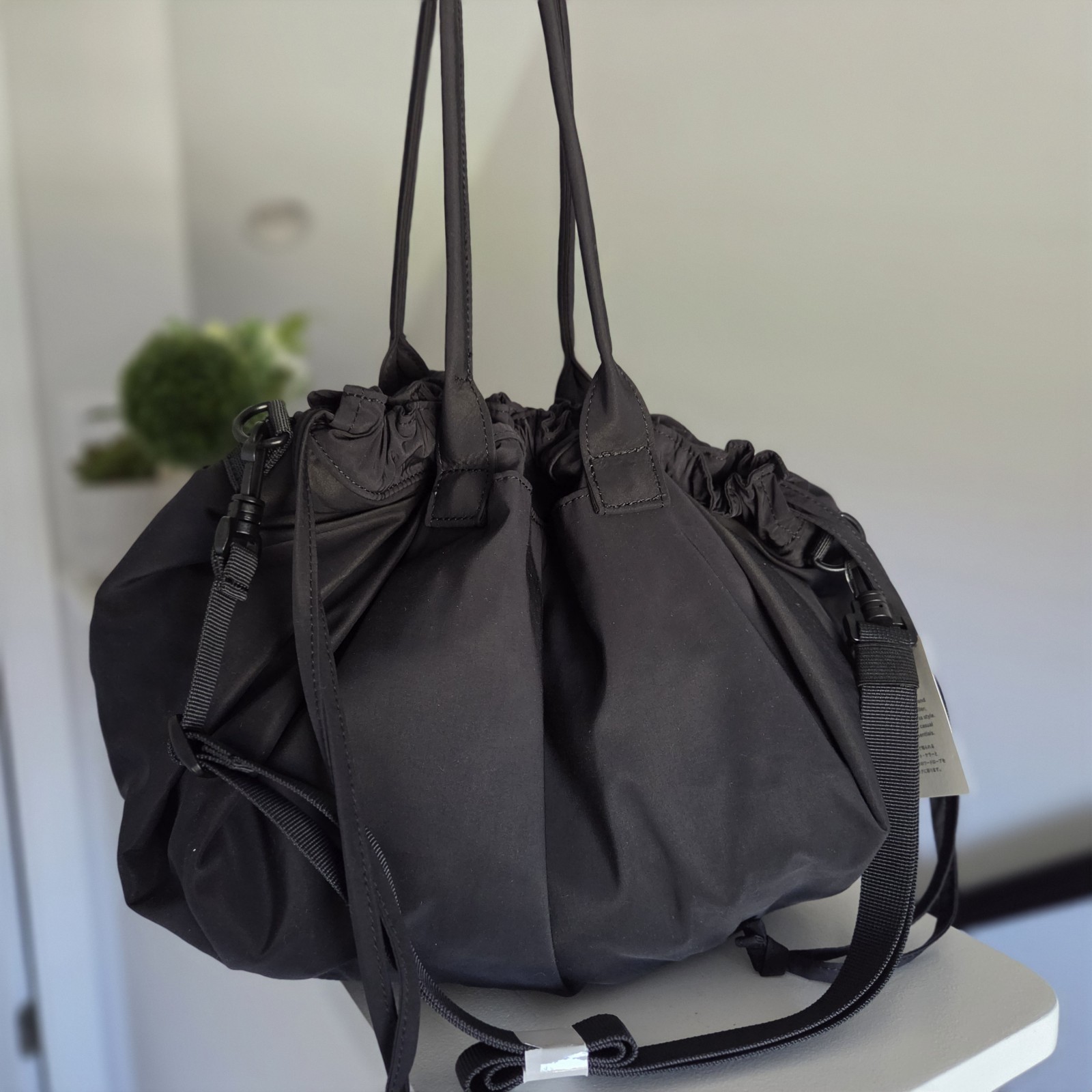 Uniqlo C Drawstring Bag Water Repellent Tote Crossbody 2-Way Japan NEW Black
