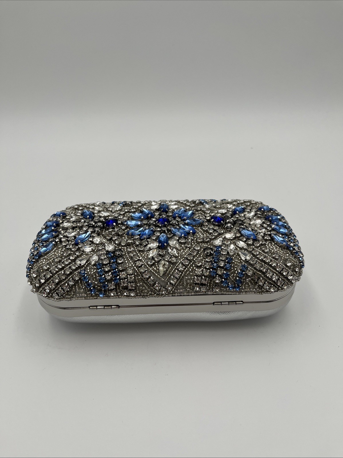 NINA Crystal Embellished Minaudiere Clutch Silver Tone NWT Imperfections