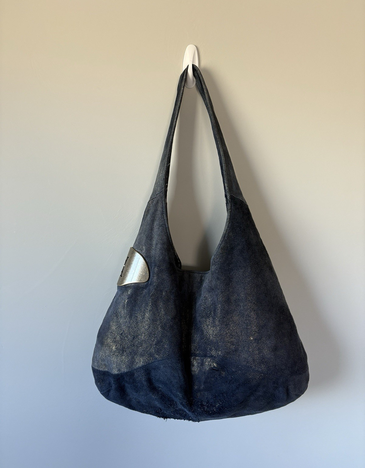 Halston Heritage Metallic Indigo Hobo Shoulder Bag Leather Suede Gold Hardware