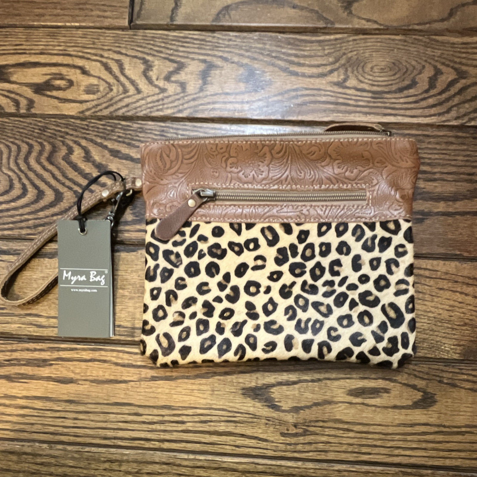 Myra Bag Pouch Wristlet Leopard Calf Hair Brown Leather Urbane Hair On