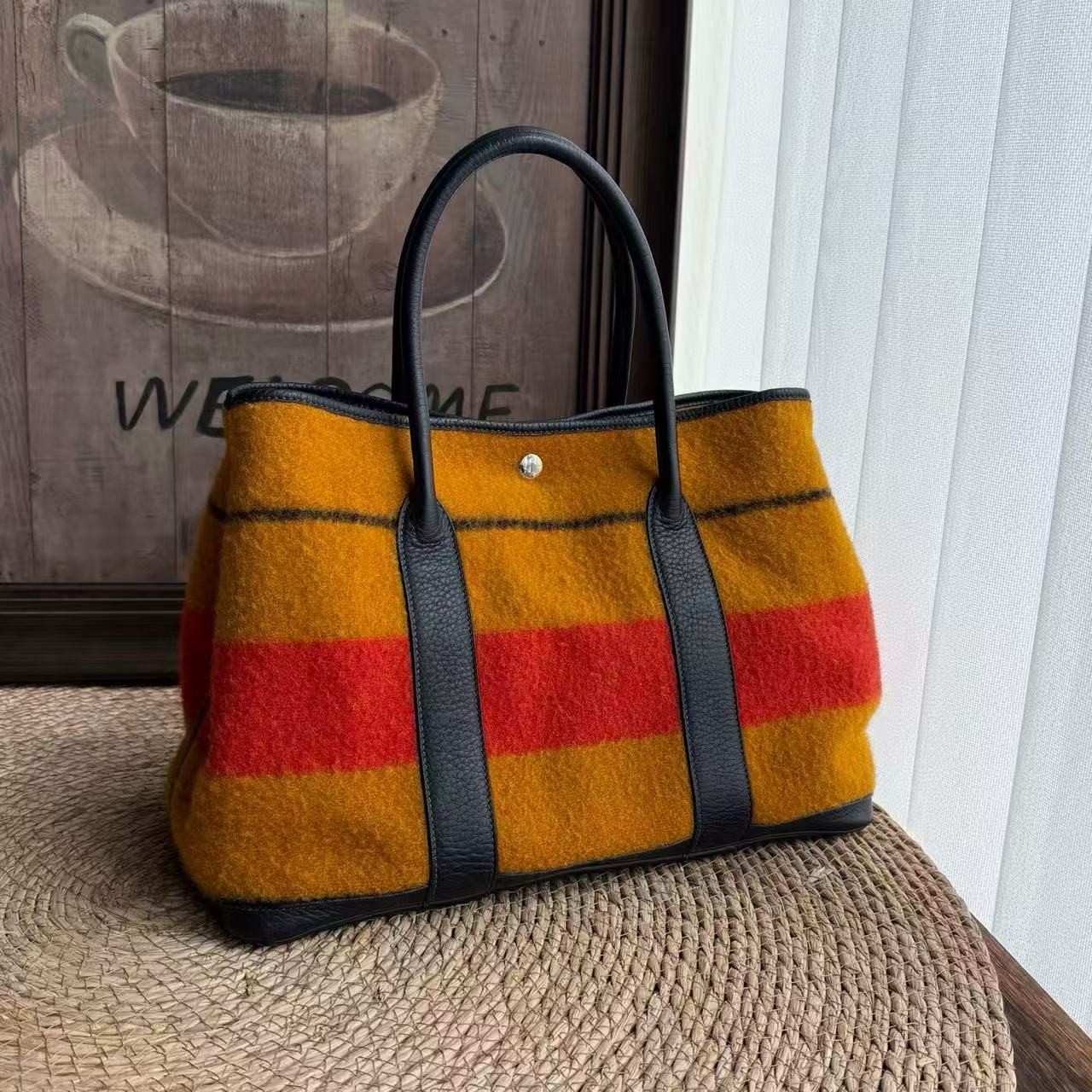 Hermes Garden Party 36 Large Tote Handbag Striped Wool Fabric Negonda Leather