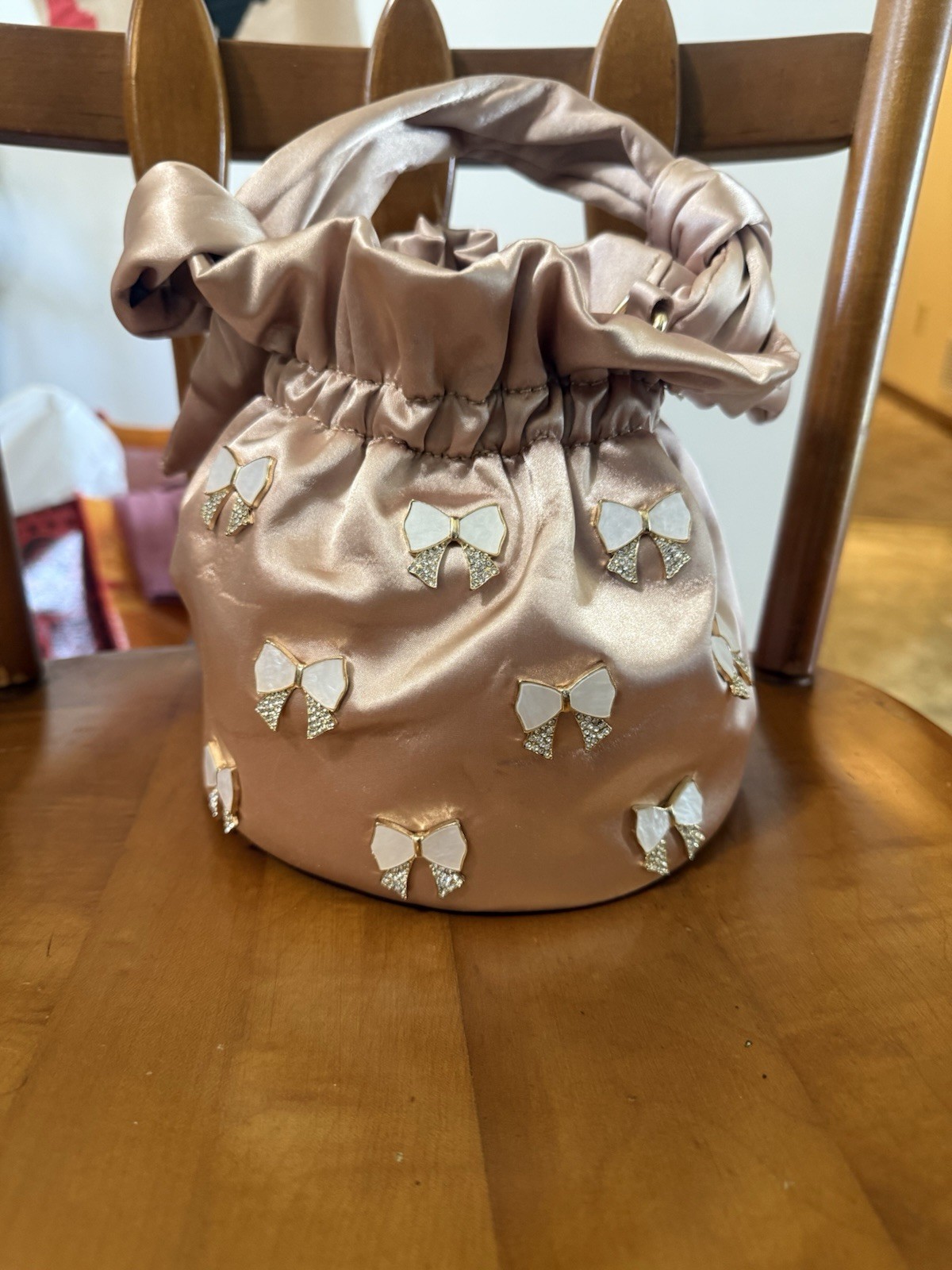 Pink Small Drawstring Bucket Bag Gold-Tone Chain Strap Bow Accent Party