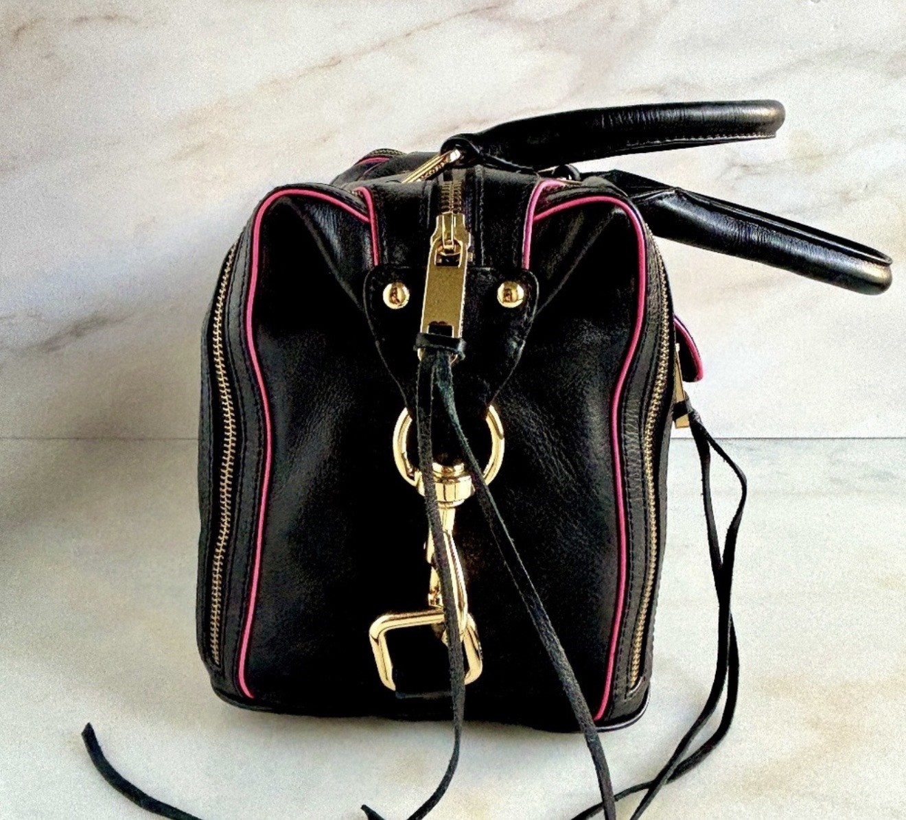 Rebecca Minkoff Medium Black/Pink Satchel Top Handle Zip Gold Hardware Dust Bag