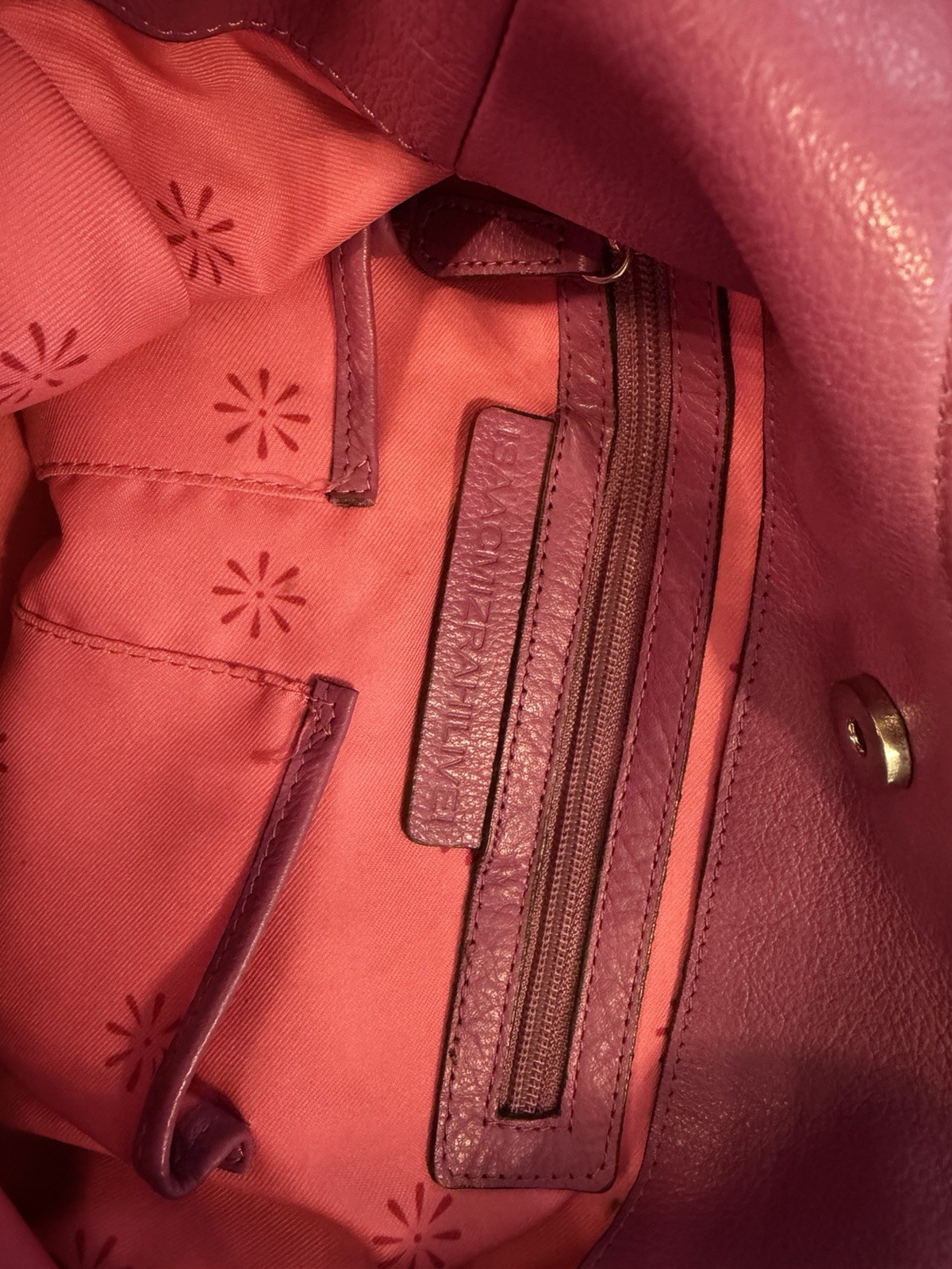 Fuchsia Leather Shoulder Bag Silver Hardware Pink Lining Zip Charm