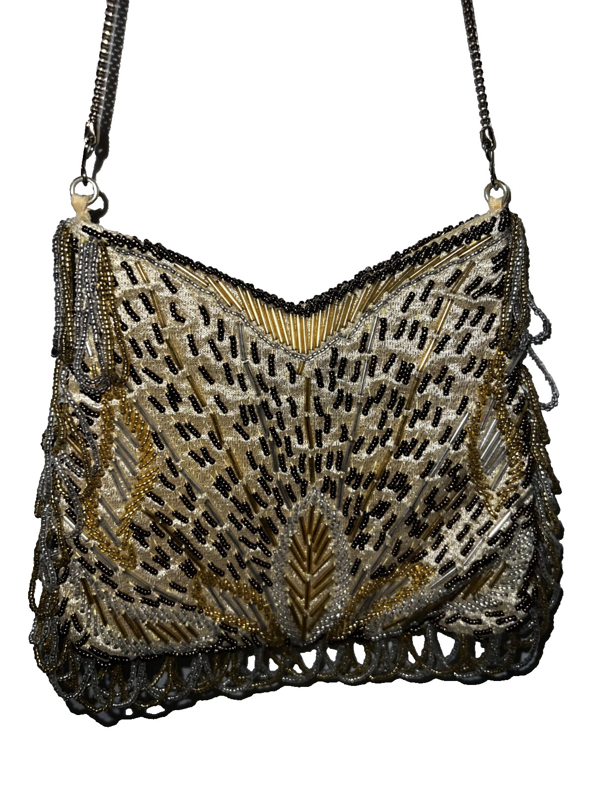 LA REGALE Gold Hand Beaded Evening Bag Purse Chain Handle Shoulder Strap Snap