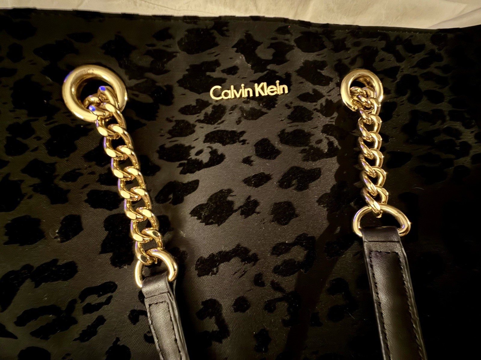 Calvin Klein RARE Black Leopard-Print Tote with Gold Chain Handles