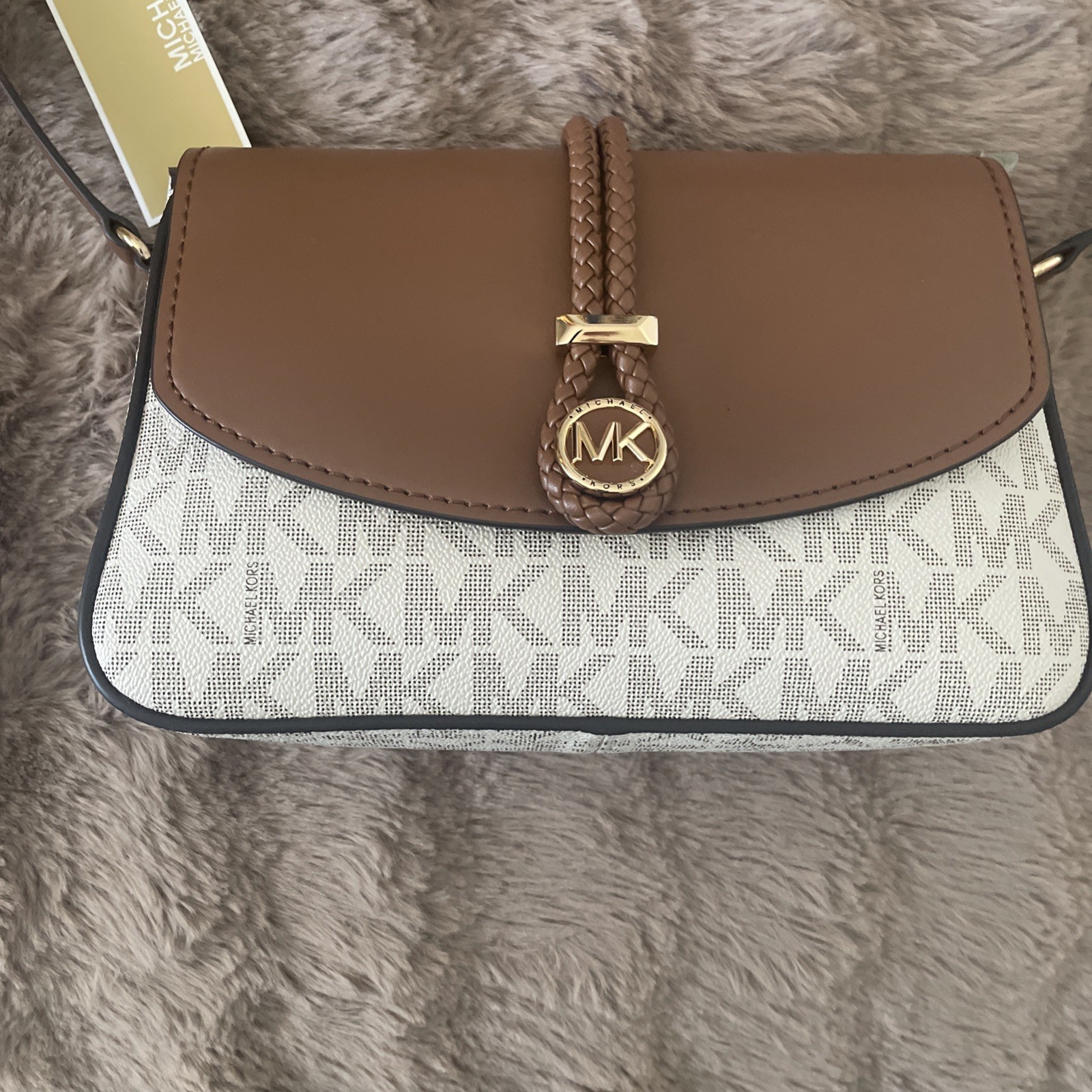 Michael Kors Lea Medium Flap Crossbody Braided Leather Vanilla Acorn