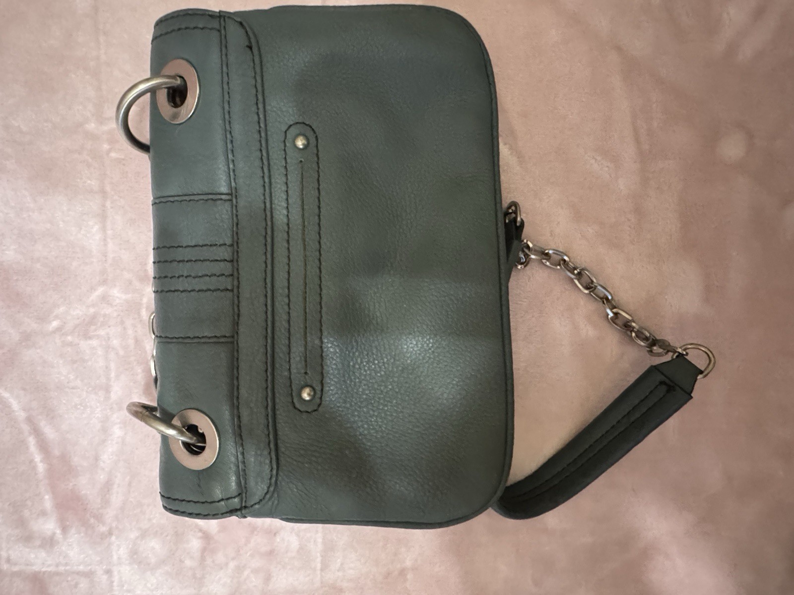 B. Makowsky Slate Gray Pebbled Leather Crossbody Shoulder Bag Leopard Lining