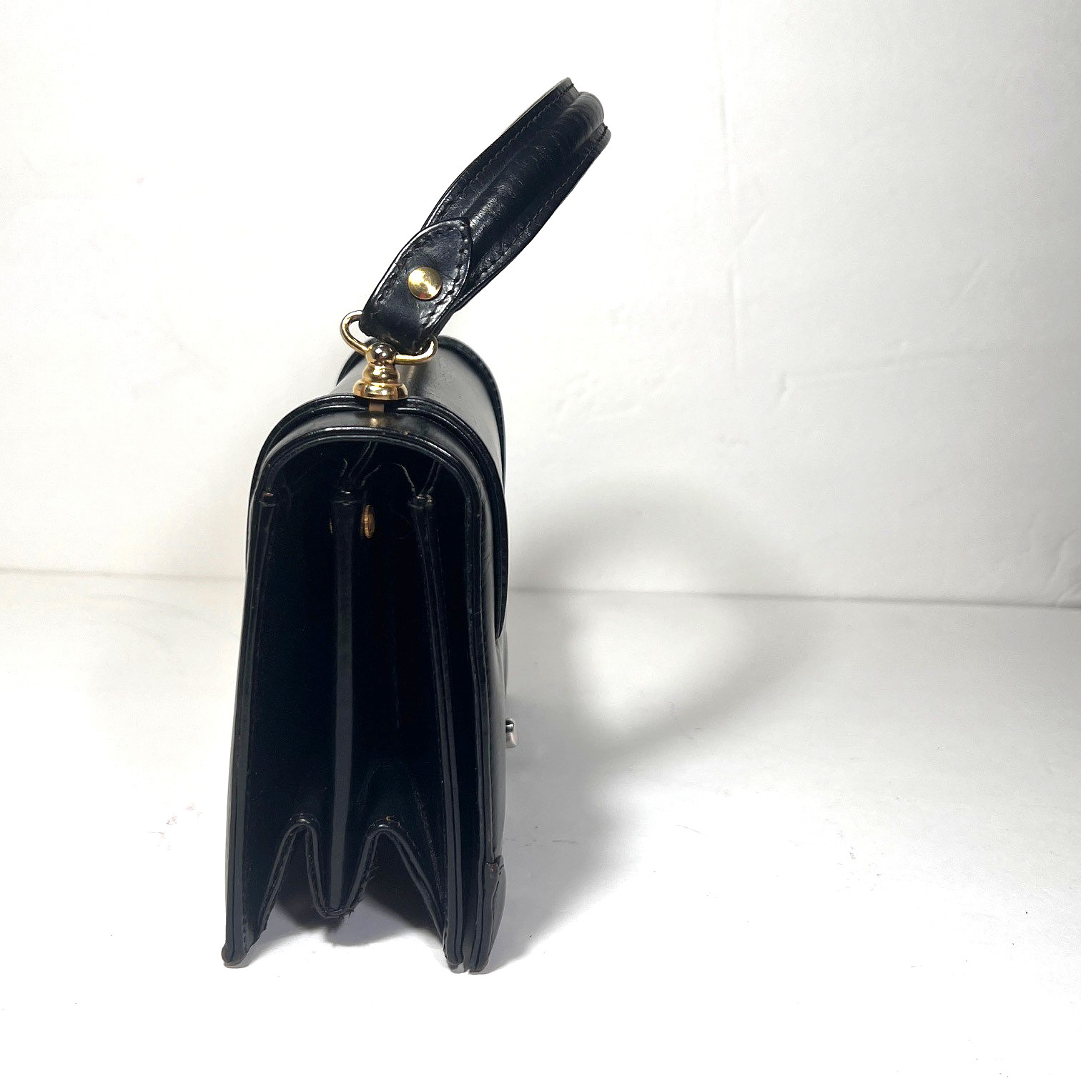 Vtg Tano of Madrid Small Black Leather Handbag Top Handle Flap Turnlock w/Mirror