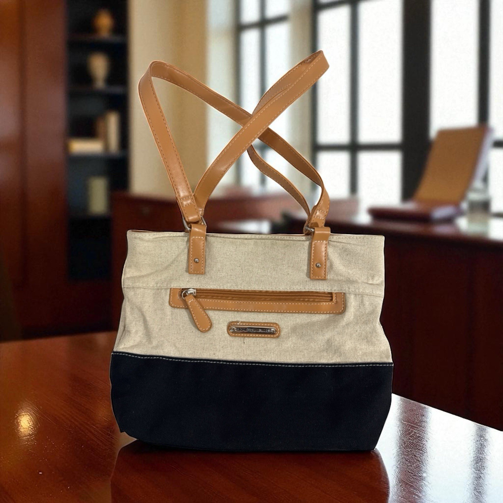 Stone Mountain Purse Beige Black Shoulder Straps Canvas 12” X 9”
