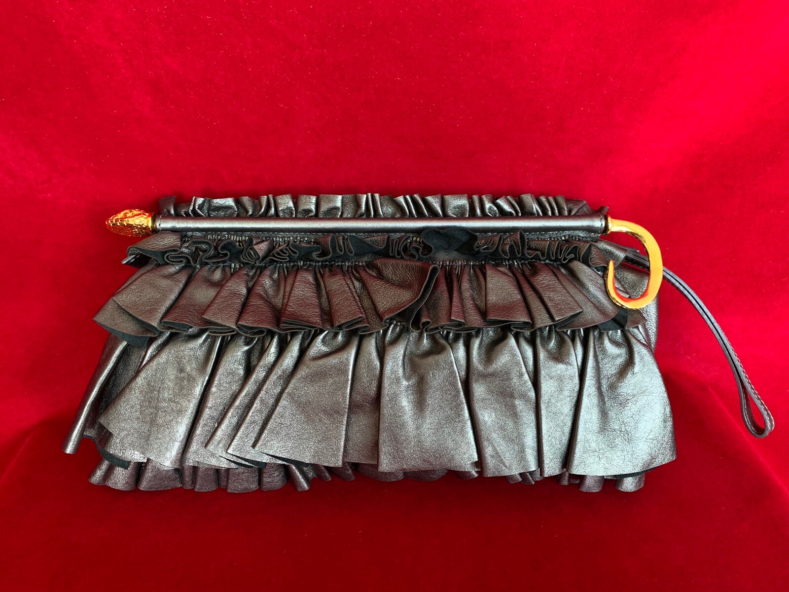 Roberto Cavalli Dark Silver Pewter Leather Ruffles Gold Hardware Clutch