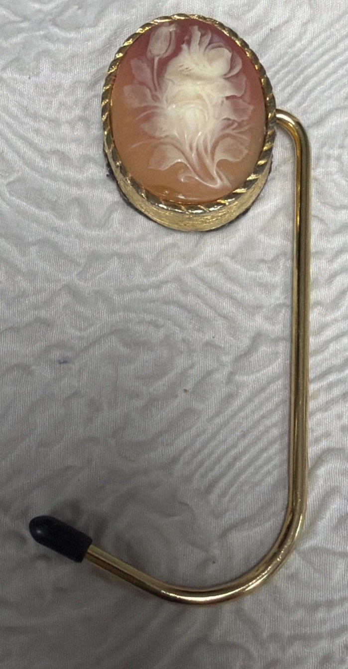 Vintage Shell Cameo Carved Floral Motif Gold-Tone Metal Frame Purse Hook