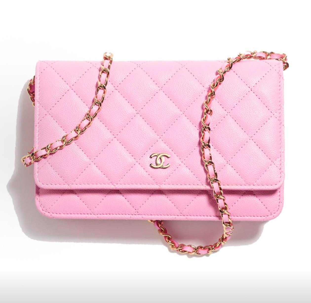Classic Quilted Caviar Leather Wallet on Chain (WOC) with Light Gold Hardware &