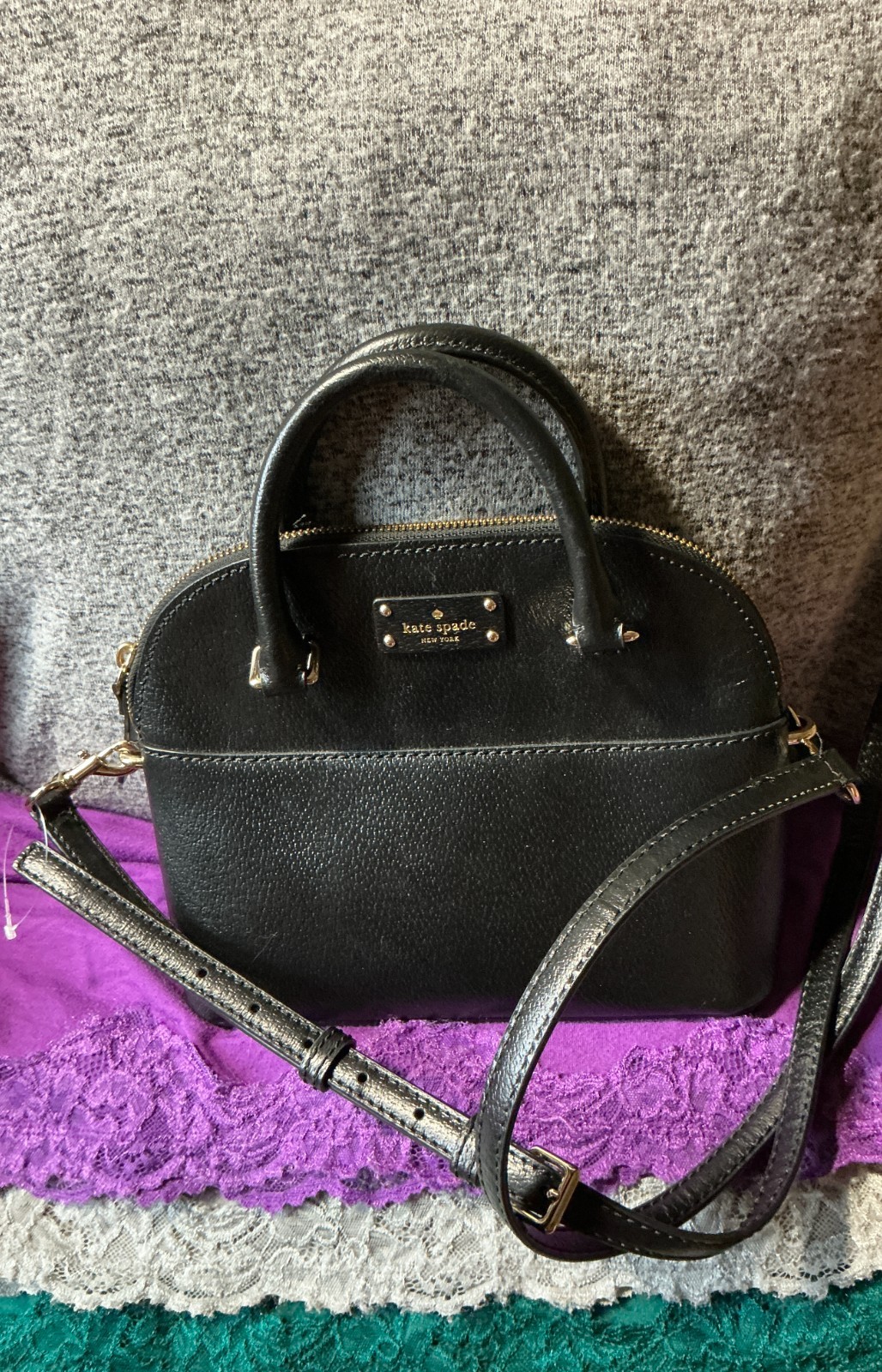 Kate Spade Black Crossgrain Leather Dome Zip Crossbody Shoulder Bag Satchel