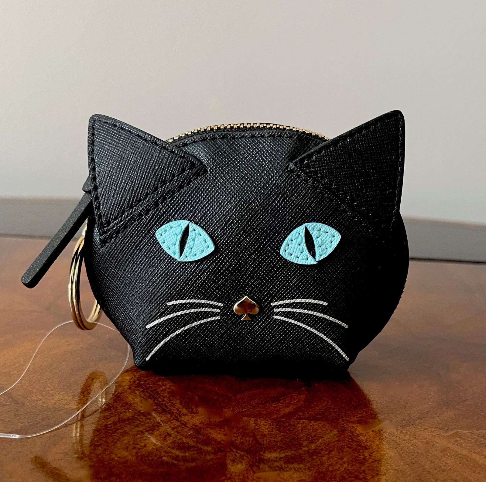 Kate Spade Cat’s Meow Blue Eye Black Cat Leather Coin Purse W/Keychain Bag Charm