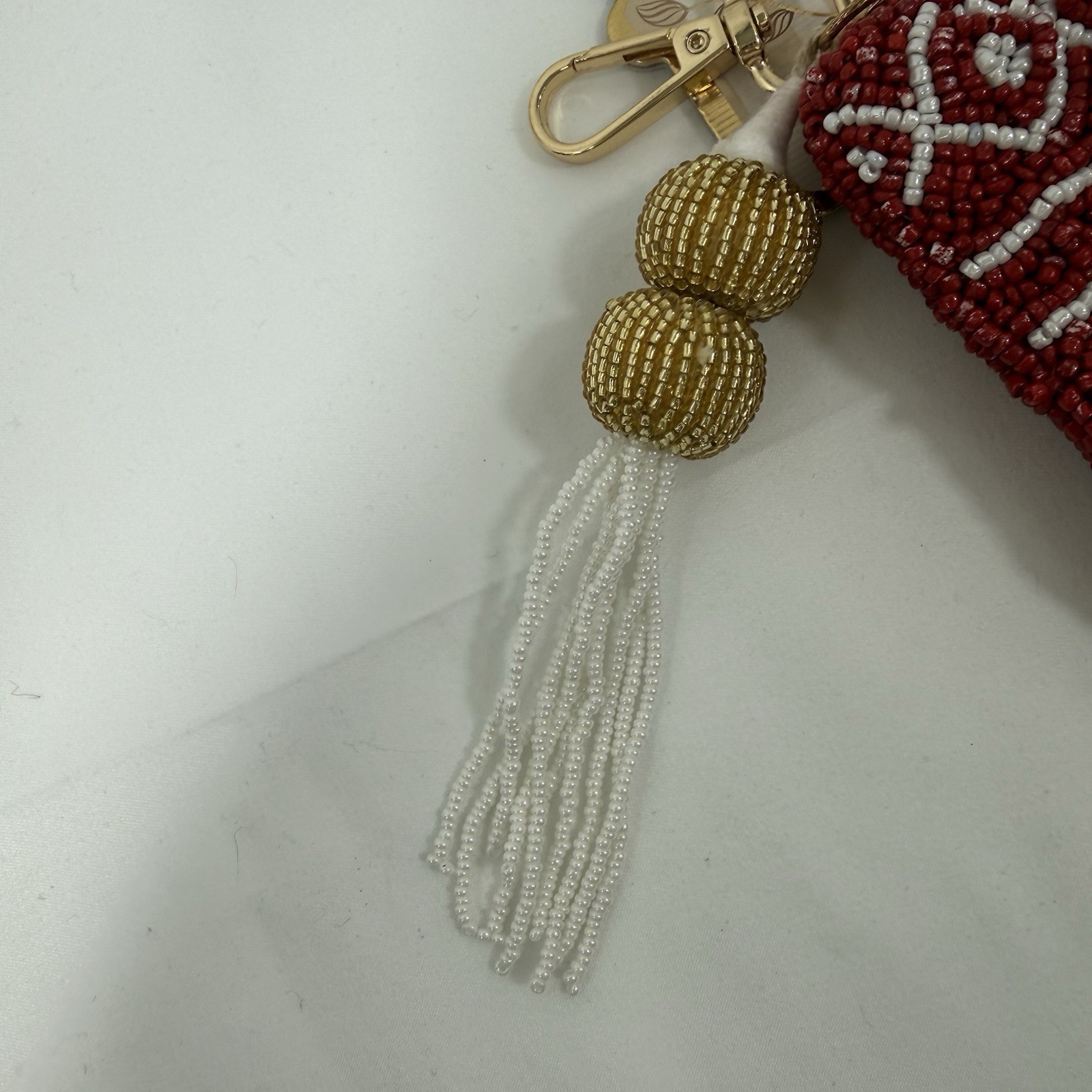 Glass Beaded Coin Card Pouch Bag Handmade Red White Gold Accents Holiday Party