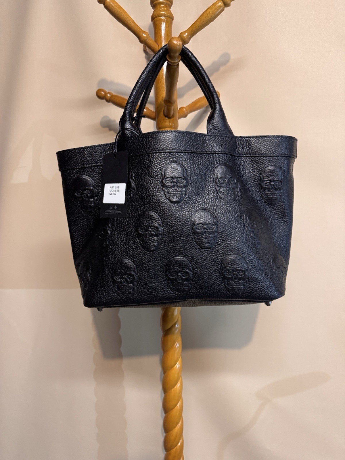 IO Pelle Italia Skull Black Leather Tote From Italy Includes Dustbag & Strap NWT