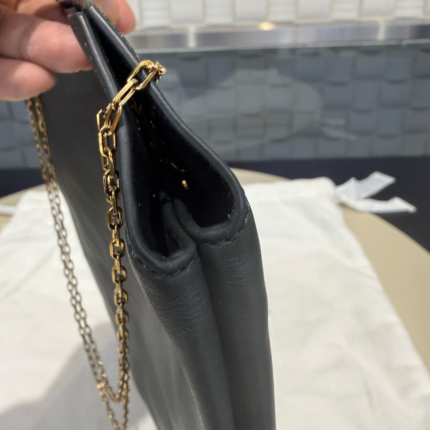 AUTH The Row FW19 Black Leather Chain Pouch Clutch Bag Gold Hardware
