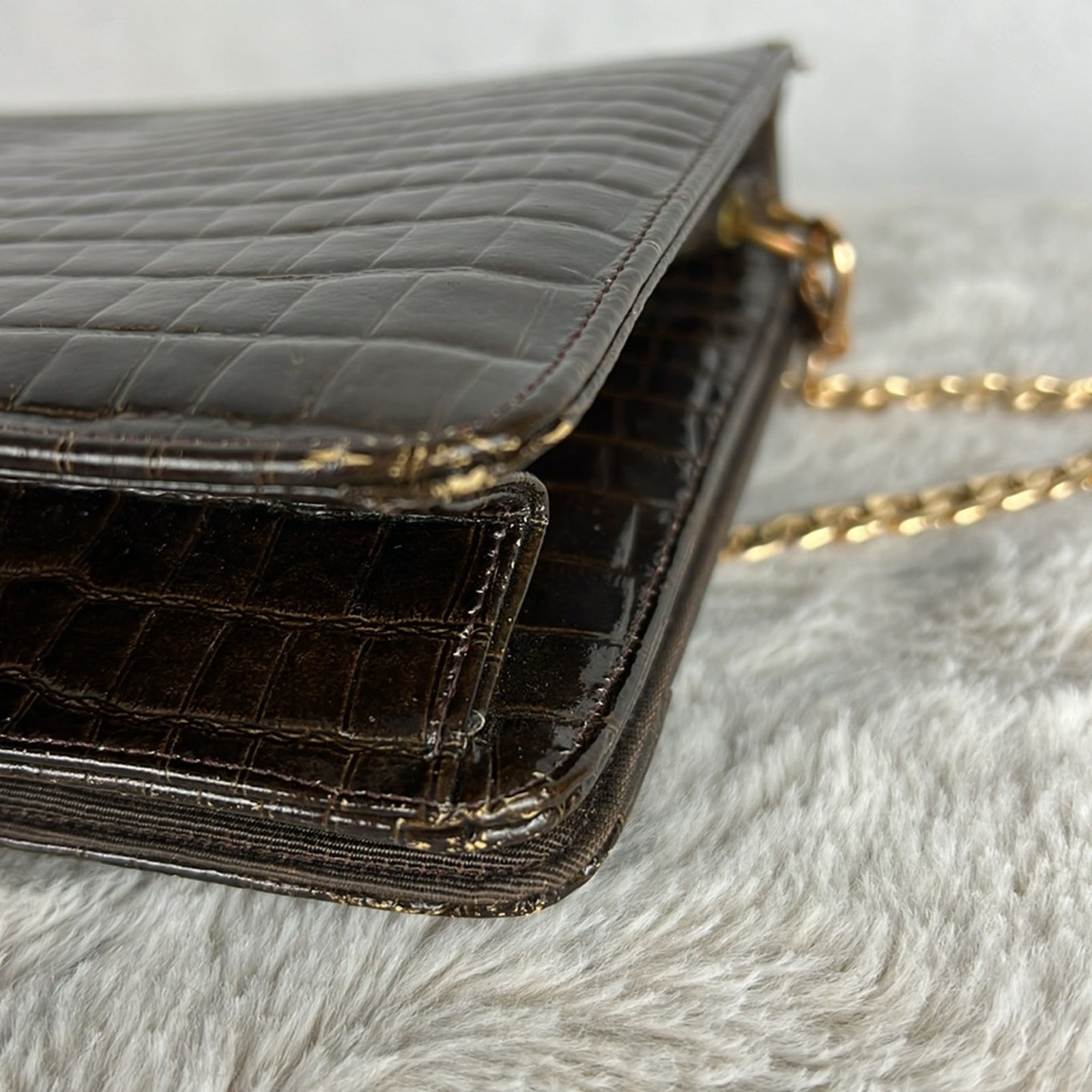 Bienen Davis Vintage Croc Embossed Structured Flap Bag Gold Chain Old Money