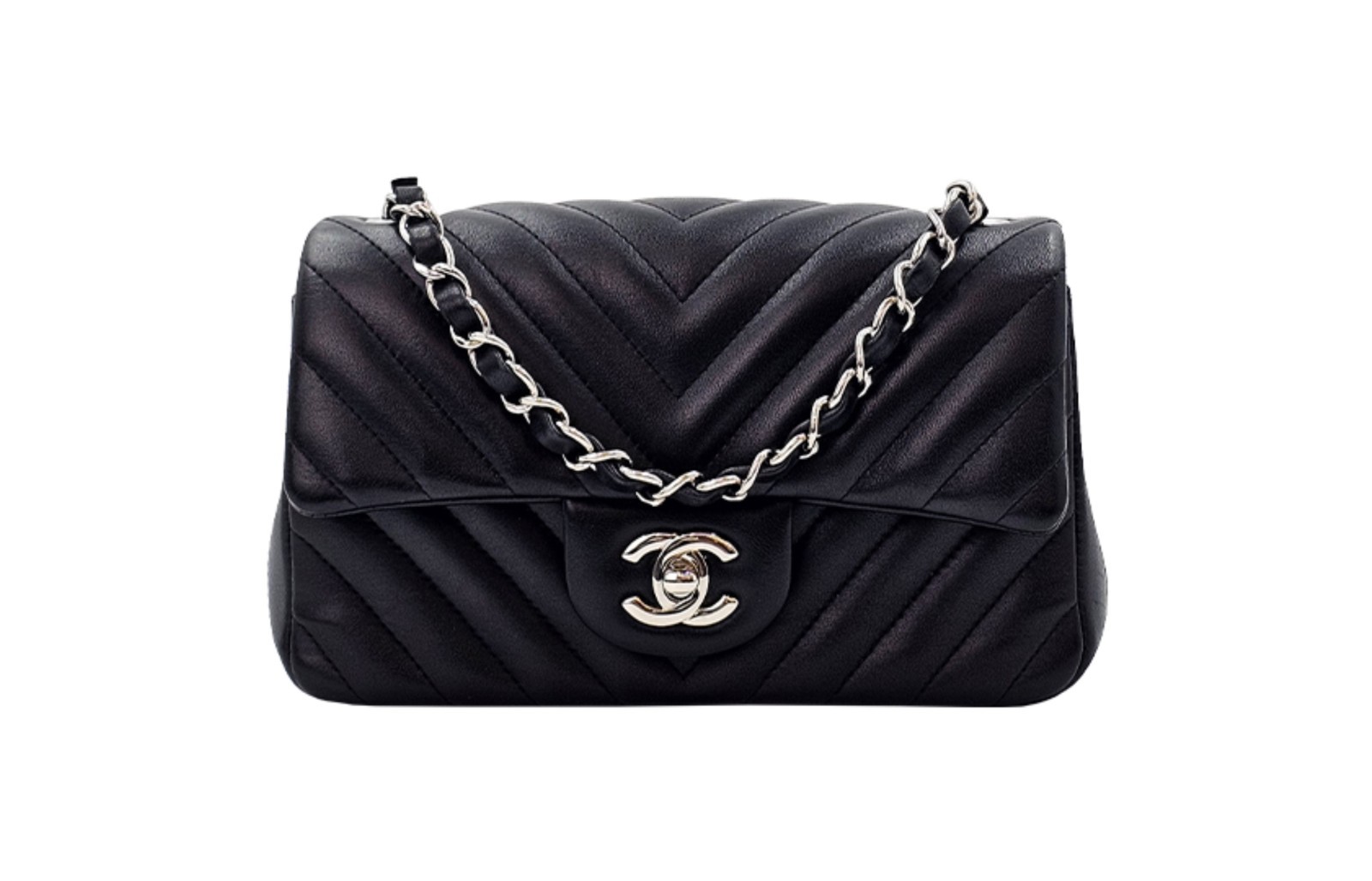 CHANEL Classic New Mini Flap Bag Black Chevron SHW 2-Way Auth