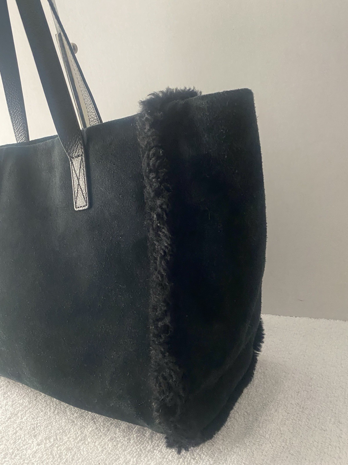 Ugg Australia Tote Sheepskin Suede Leather Tote Shoulder Bag Black Large
