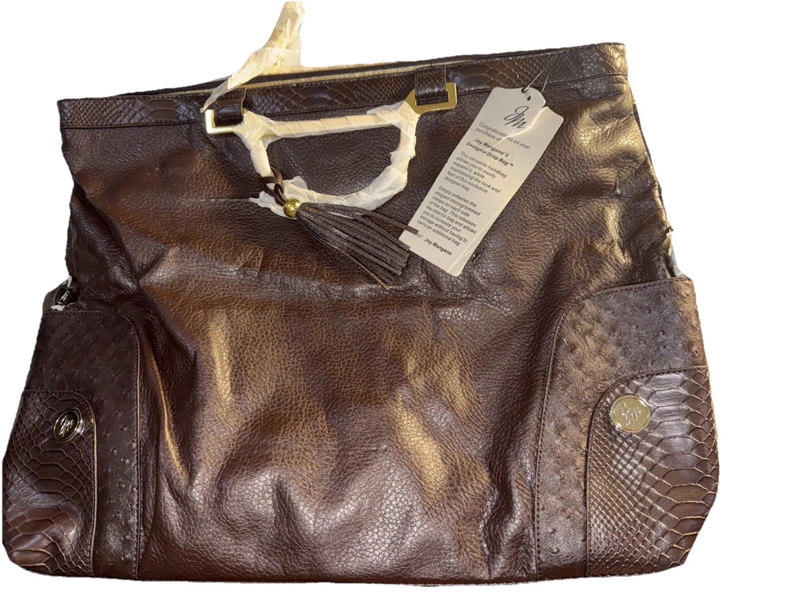 Joy Mangano Large Brown Satchel Top Handle Zip Gold Lined Tassel Dust Bag
