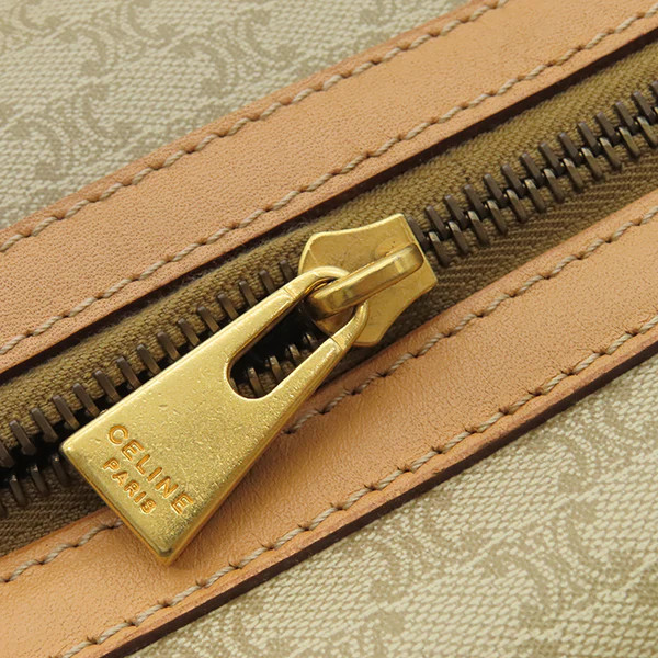 CELINE Macadam Pattern Boston Bag Handbag PVC / Leather Beige Unisex #HDB614