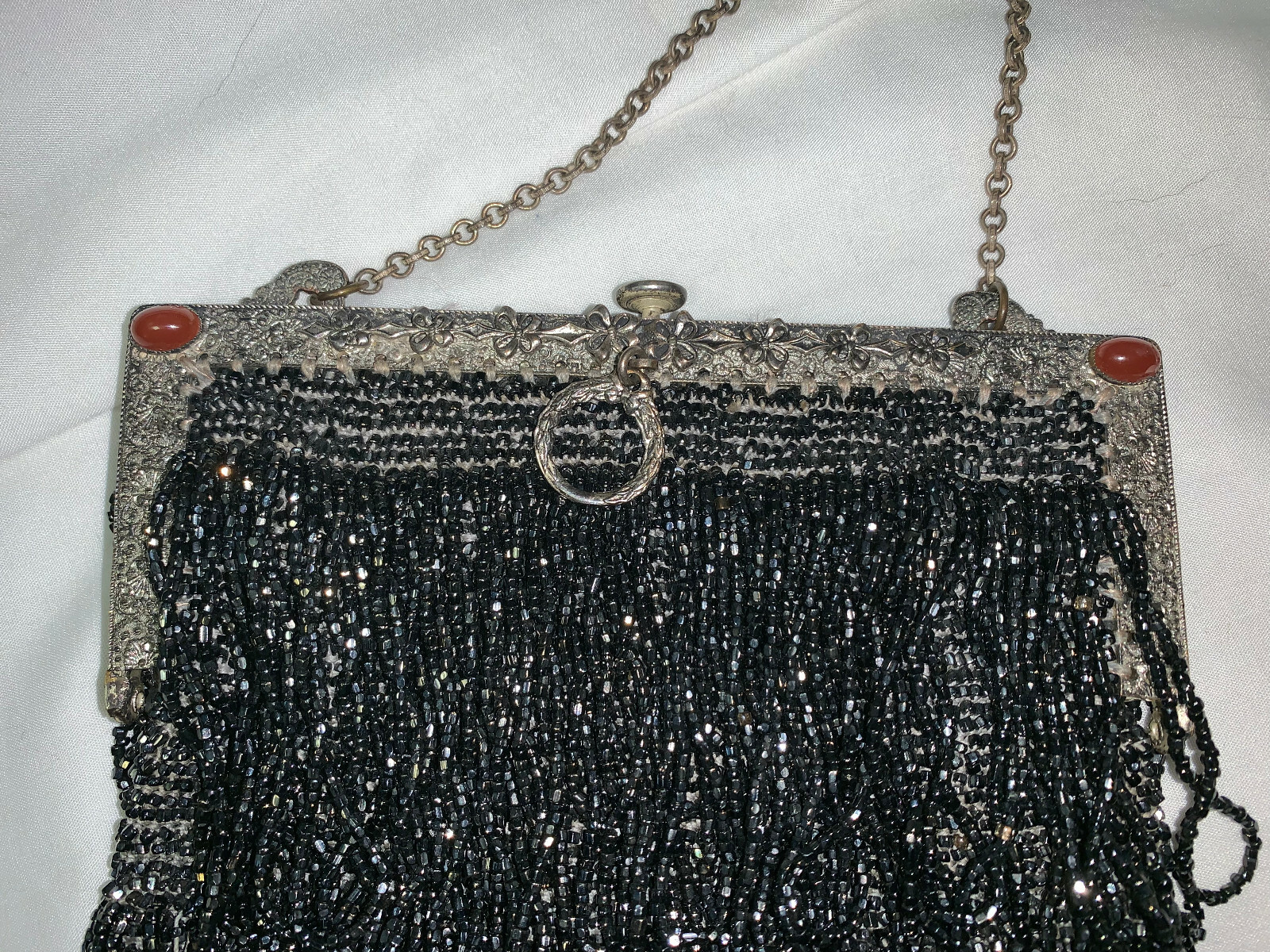 Vtg Fringe Flapper Style Evening Purse Seed Bead Ornate Frame Cabochon