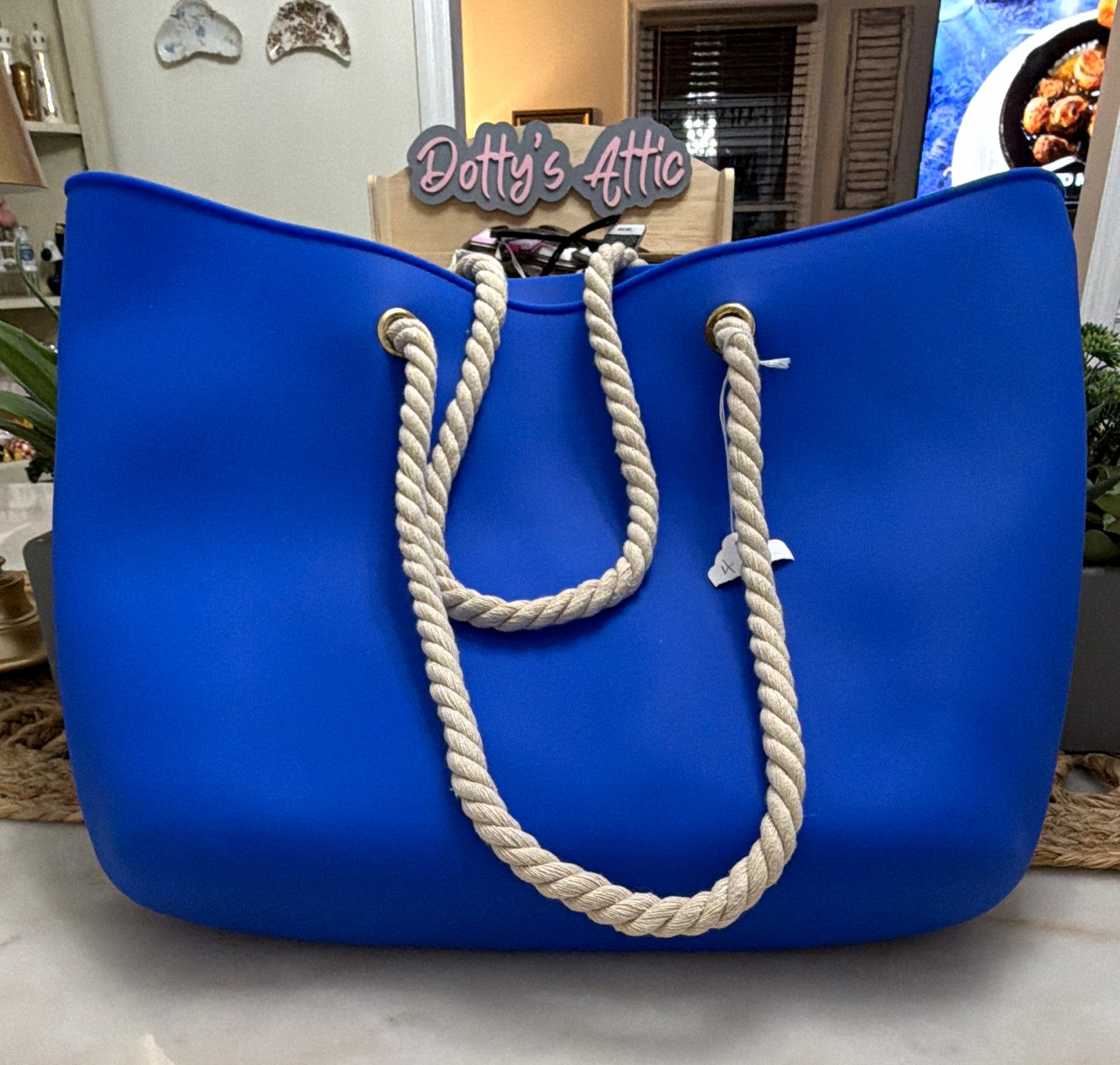 Blue Large Tote Bag w/ Rope Double Handles & Removable Pouch Nautical Beach