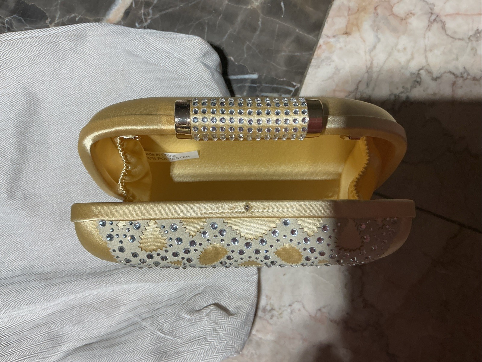 Badgley Mischka Golden Yellow Silk Rhinestone Evening Clutch Bag