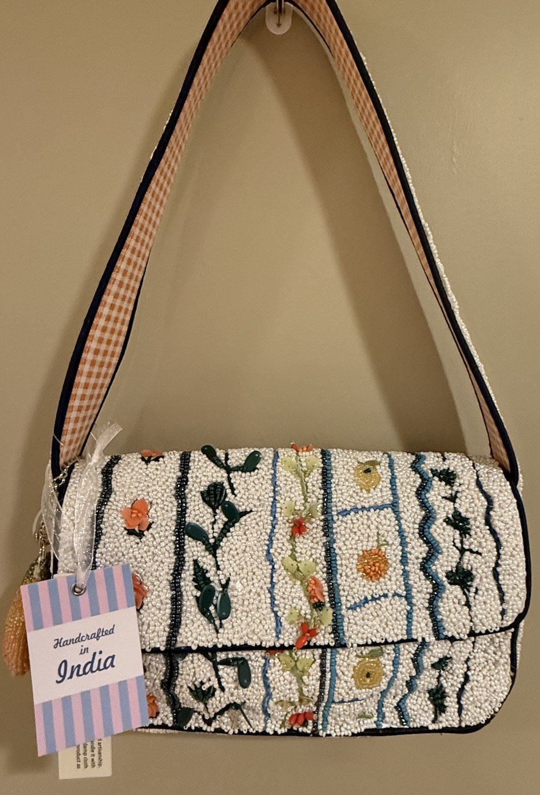 New Release Handcrafted In India Orange Tangerine Gingham Beaded Bag Viral