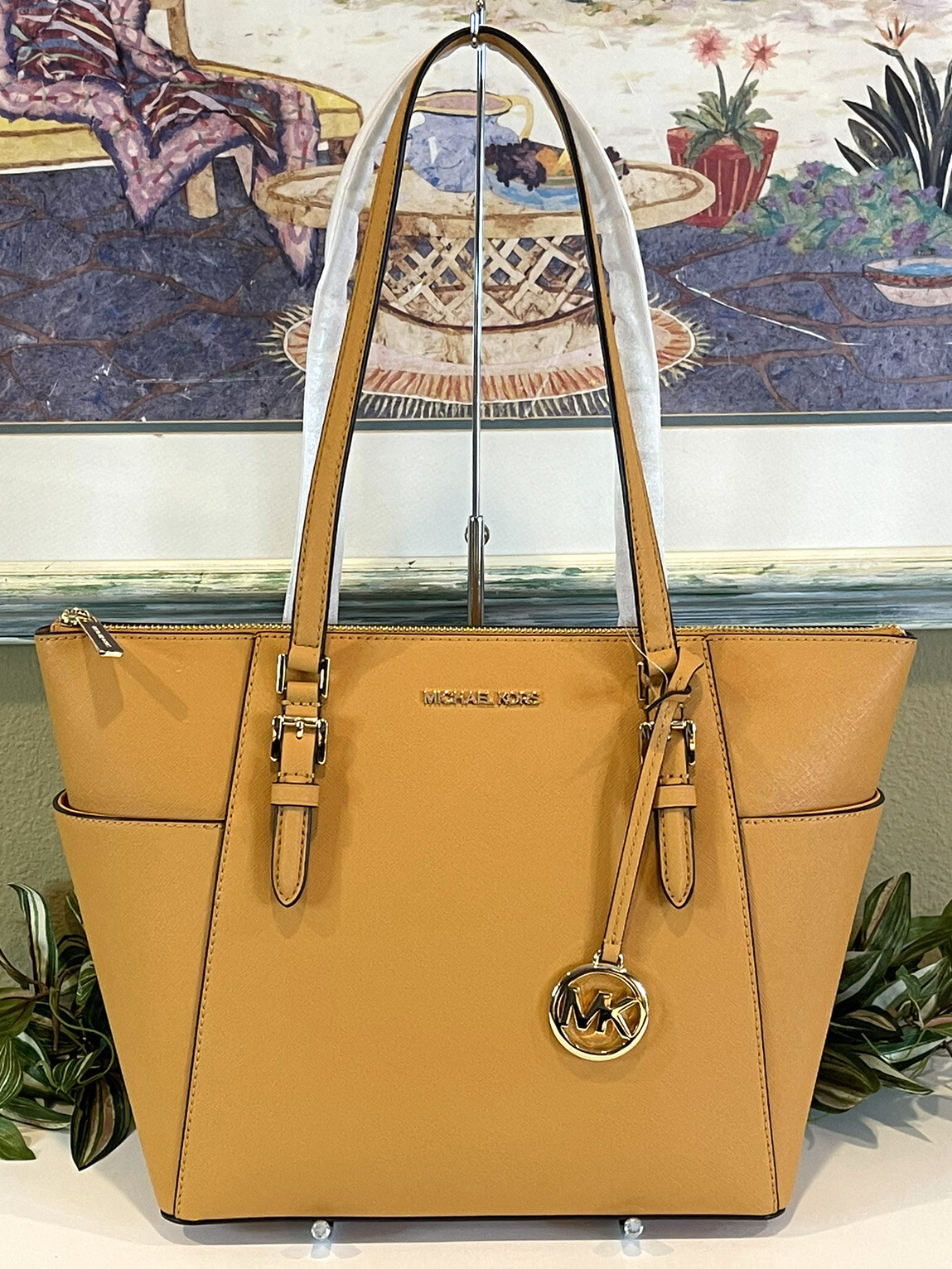 MICHAEL KORS CHARLOTTE MEDIUM LARGE ZIP TOTE SHOULDER BAG PURSE YELLOW LEATHER