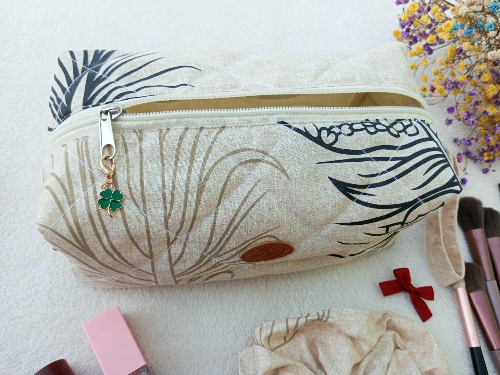 Quilted Makeup Bag Handmade Boho Feather Print Cosmetic Pouch Wrist Strap Size M