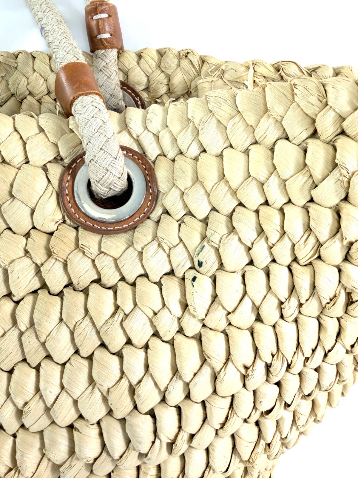 Lands End Woven Raffia Beach Shopper Summer Large Straw Tote Bag Leather Accents