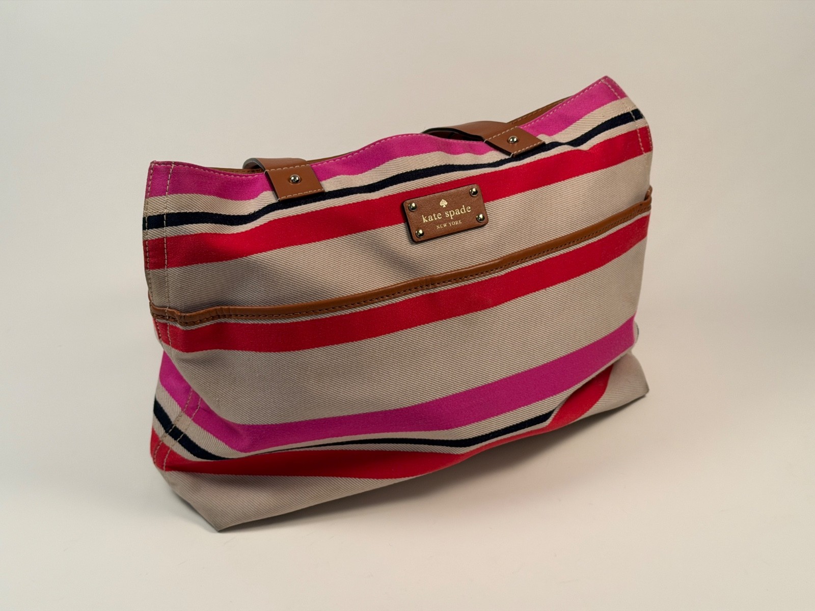 KATE SPADE Tote Pink Orange Black Off White Stripped Leather Shoulder Straps