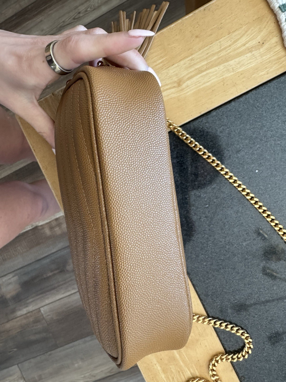 Saint Laurent Lou Small Brown Chevron Quilted Chain Crossbody Tassel Zip