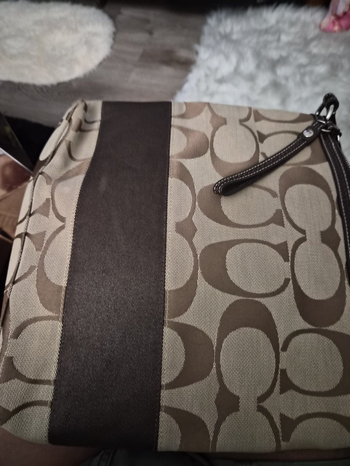 Coach Signature C Logo Brown Beige Zip Wristlet Clutch Silver Hardware