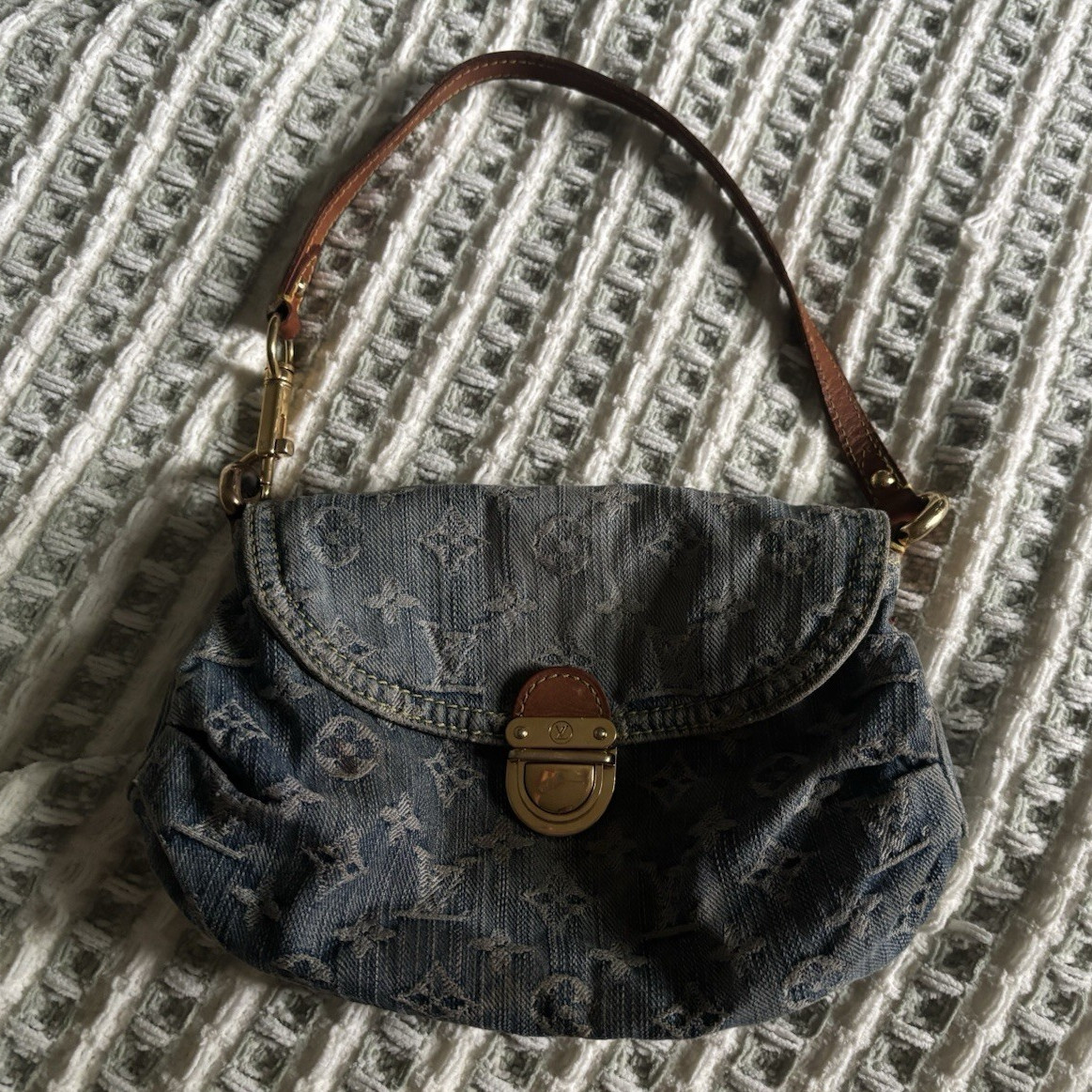 Vintage Louis Vuitton Monogram Denim Small Shoulder Bag Strap Push Lock