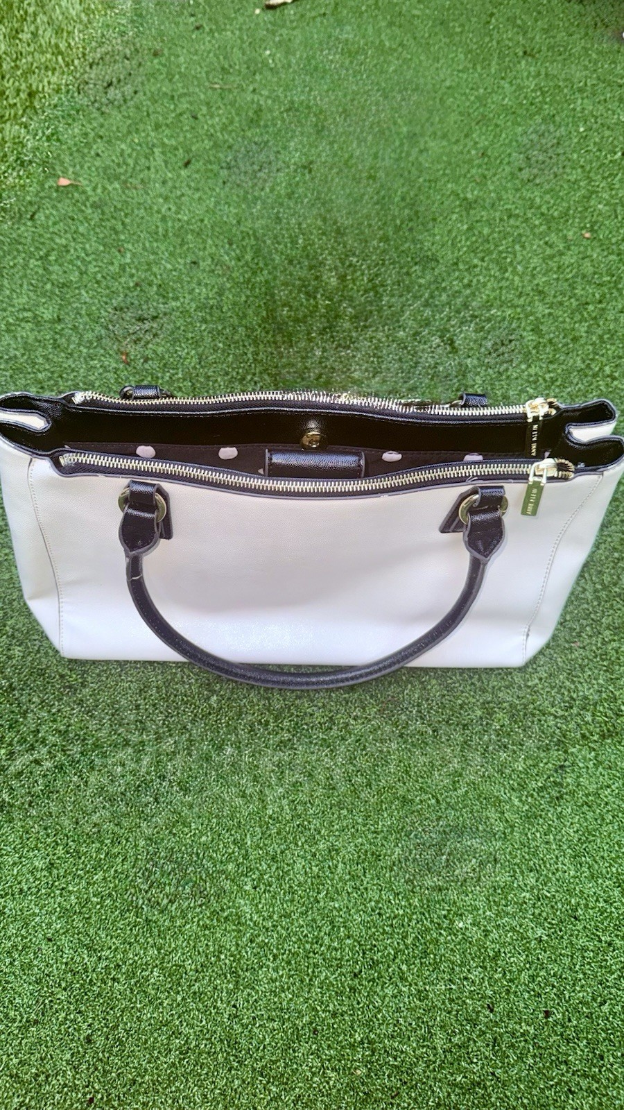 Anne Klein Black/White Colorblock Satchel Top Handle Zip Gold Hardware Charm