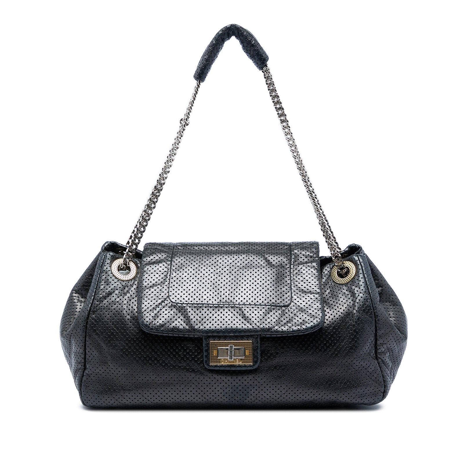 Chanel Perforated Calfskin Reissue 2.55 Drill Accordion Flap Shoulder Bag Black